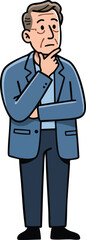 Fototapeta premium Thoughtful mature man in blue suit standing with hand on chin pondering ideas vector illustration 