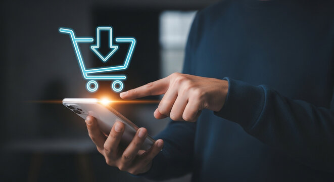Online shopping with smartphone, user buying products online using the cart symbol, e-commerce concept and digital marketing