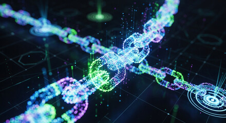 Dynamic blockchain technology visualized with interconnected glowing chain links, representing secure digital data and network.