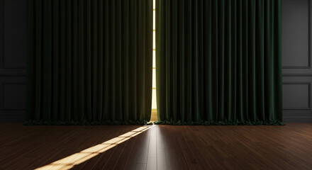 Elegant emerald green velvet curtains framing a sunlit window, perfect for interior design concepts and luxury lifestyle branding