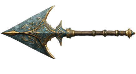 Elaborate spear with detailed metalwork, sharpened point, and wooden shaft