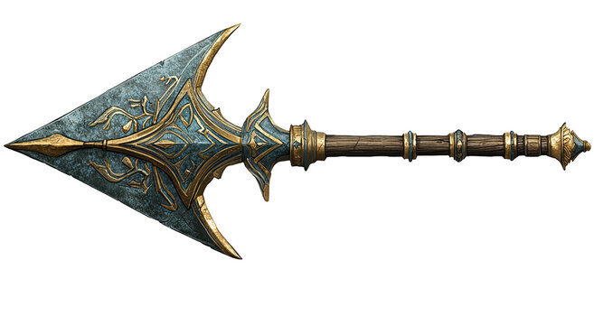 Elaborate spear with detailed metalwork, sharpened point, and wooden shaft