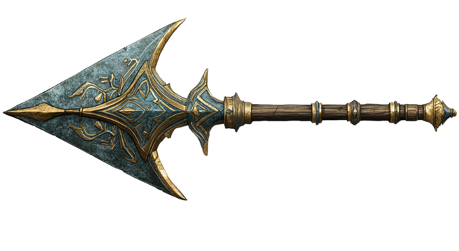 Elaborate spear with detailed metalwork, sharpened point, and wooden shaft