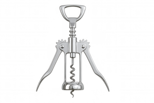Stainless steel corkscrew, wine bottle opener, kitchen tool for serving alcoholic beverages, transparent background