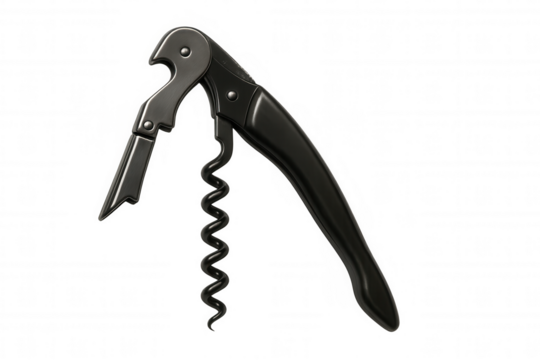 Sommelier knife opening wine bottle, corkscrew tool for barware and hospitality, transparent background