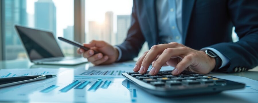 Businessman in suit calculates financial data on calculator at desk with financial reports and graphs. Man works with numbers and documents in office. Business analysis and planning. - Powered by Adobe
