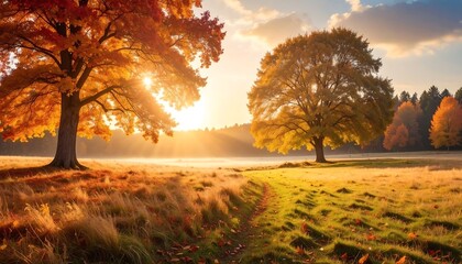 A sunlit meadow, trees ablaze with autumn colors, a path winding through grasses, with a forest at the horizon