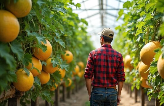Farmer inspecting rows of ripe cantaloupe melons growing vertically in a greenhouse. The man checks fruit production before the autumn harvest, ensuring quality in organic cultivation. - Powered by Adobe