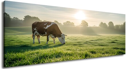 Cow Grazing in a Lush Green Meadow at Sunrise - Serene Rural Scene.