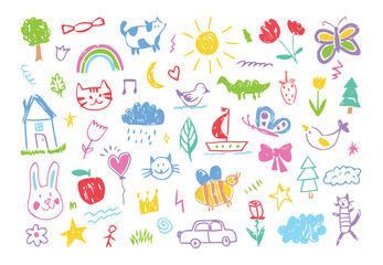 kids, children, drawing, doodle, illustration, colorful, crayon, pencil, sketch, cute, playful, simple, art, design, elements, icons, symbols, tree, house, cat, dog, bird, butterfly, flower, sun, rain