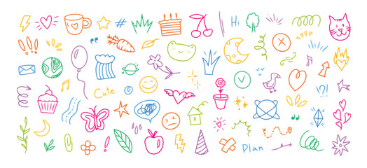 doodle, drawing, illustration, colorful, hand drawn, icons, symbols, elements, set, collection, hearts, stars, flowers, food, animals, nature, weather, music, celebration, cute, whimsical, simple, gra © Baizid