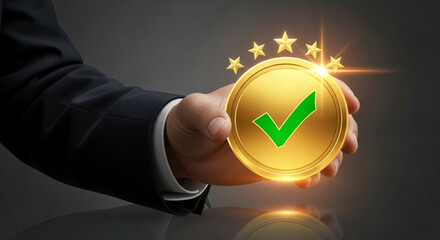 Successful businessman holding gold coin with check mark and stars, representing quality, approval, and achievement