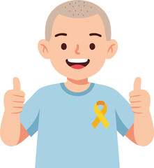 Smiling bald man with yellow awareness ribbon showing thumbs up gesture in blue shirt vector illustration 