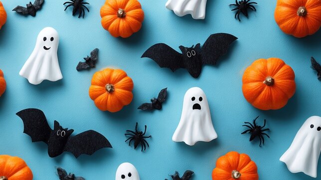 Halloween flat lay with pumpkins, bats, ghosts and spiders on blue background