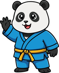 Panda bear cartoon character wearing blue martial arts uniform waving hand in friendly gesture vector illustration 