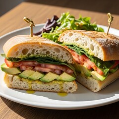 Delicious Avocado and Tomato Sandwich on Ciabatta Bread with Fresh Salad.