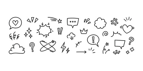 doodle, drawing, sketch, icon, symbol, speech bubble, heart, star, explosion, exclamation mark, question mark, lightning bolt, crown, swirl, arrow, cloud, comic, graphic, design, element, illustration