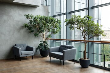 A tranquil waiting area in a modern office lobby, adorned with lush plants and minimalist gray armchairs.