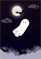 A cute cartoon ghost floats through a starry night sky under a full moon, surrounded by flying bats and dark clouds, capturing a spooky yet playful Halloween atmosphere.