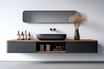 Modern Minimalist Black Bathroom Vanity with Floating Black Matte Cabinet and Mirror. Sink
