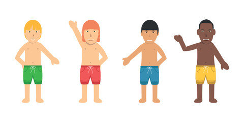 Boys Children Swimsuit Bather Character. Blonde, Black and Red Hairs, White, Brown and Black Skins, Wearing Colored Shorts.