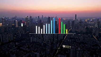 City skyline at dusk with moving audio equalizer overlay urban buildings and sunset sky animation effect over cityscape technology visualization evening city view with lights digital graphic dis - Powered by Adobe