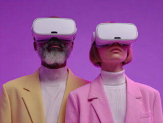 A man in a yellow jacket and a woman in a pink blazer are engaged with VR technology, both wearing VR headsets Soft lighting, nondescript background, professional photography - AI-Generated