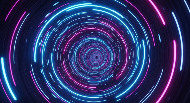 Dazzling neon vortex tunnel with swirling pink and blue lights creating a futuristic, energetic digital journey.