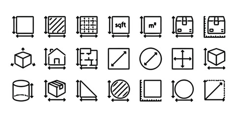 measurement, dimension, size, square, cube, circle, cylinder, box, house, blueprint, ruler, scale, area, volume, length, width, height, depth, sqft, m2, icon, symbol, graphic, design, outline, line ar