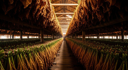 Obraz premium Vast rows of dried tobacco leaves hanging from wooden beams in a sunlit curing barn, showcasing agricultural tradition and harvest.