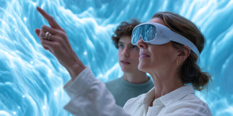 A woman wearing augmented reality glasses, pointing at something in the distance with a look of awe on her face as she looks through them
