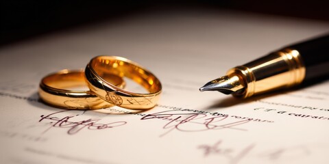 Wedding rings and fountain pen signing marriage contract