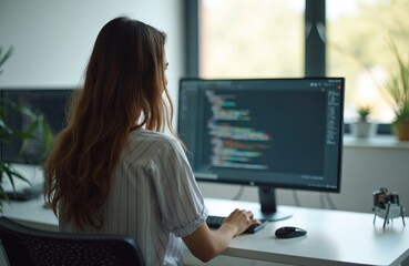 Woman types code on computer screen, back view of female programmer working at desk. Person focused on laptop computer, busy with coding job or online learning.