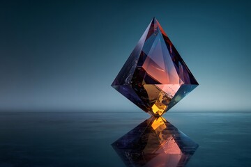 A luminous octahedron crystal rests on a reflective surface, radiating power and mystery.