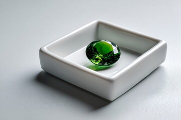 A glistening emerald gemstone rests elegantly within a pristine white ceramic dish, a captivating image of luxury and refinement.