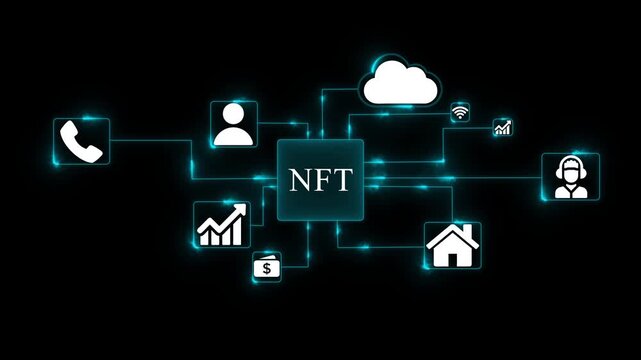 N F T network diagram connecting digital assets cloud services finance and communication icons glowing neon blue on black background blockchain technology concept