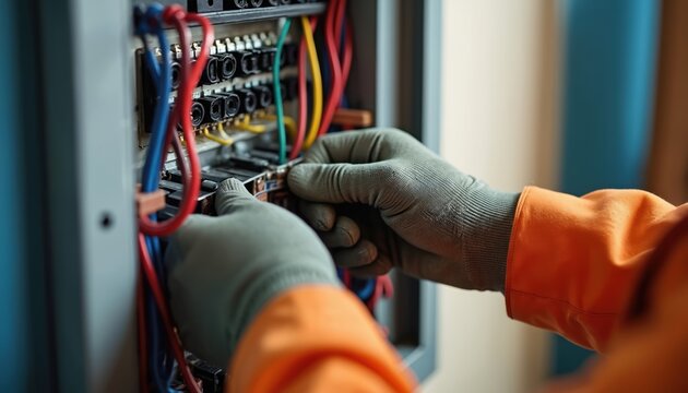 Electrician works with wires inside electrical panel. Person connects circuits with safety gloves. Home power system upgrade or repair. Technician wiring control box.