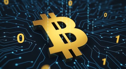 Bitcoin Symbol on Digital Circuit Board - A Cryptocurrency Concept.