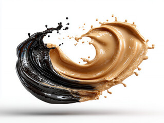 Close-up view of contrasting liquids - black glossy dark, matte beige lighter Interacting in wave-like motion, suggestive of fusion and movement under soft, diffused lighting Fluid an - AI-Generated