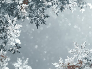 Close-up of distinct snowflakes with intricate patterns against a blurred, overcast sky backdrop Perspective from below highlights falling snowflakes - AI-Generated