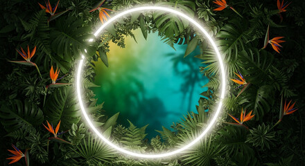 Vibrant tropical jungle frame surrounds glowing neon circle, perfect for exotic product launches, wellness retreats, or nature-themed events.