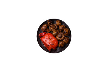 Grilled mushroom pieces, a vegetarian healthy meal with sauce. Barbecue mushroom halves