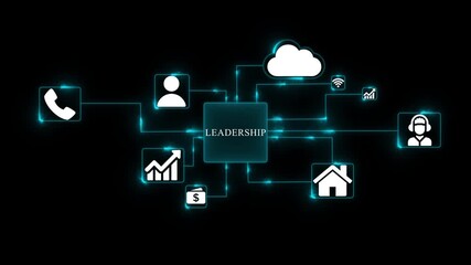 Leadership network diagram connecting business growth communication cloud technology finance and home icons with glowing neon blue lines on black background abstract concept - Powered by Adobe