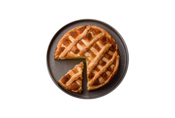 Sweet American pie with apples, pears, and cinnamon, a homemade dessert. Apple American pie