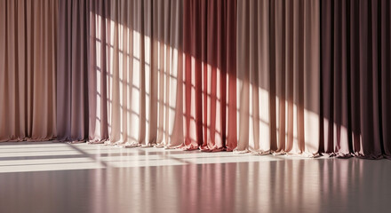 Obraz premium Soft pastel gradient curtains bathed in warm sunlight casting elegant window shadows on a clean floor, creating a serene modern interior.