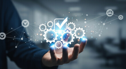 Fototapeta premium Innovative business concept of process optimization and successful project completion with glowing gears and checklist icon
