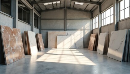 Naklejka premium Large marble stone slabs stored in industrial warehouse. Natural stone slabs arranged for interior design and construction. Building material selection in a factory showroom.
