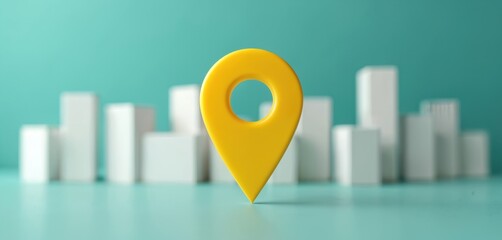 Bright yellow location pin stays near white buildings model on teal. Navigation, urban mapping. Represents destination, city guide, pointer, search. Represents real estate, delivery service, city