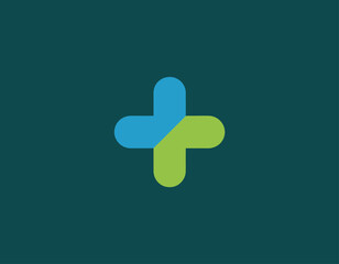 A creative dual-colored plus sign logo, featuring patterns in blue and green hues, representing addition, health, and positivity, ideal for healthcare and wellness.