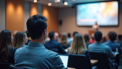 Young business professionals attend corporate conference in modern lecture hall. Attentive diverse audience listens to speaker presenting important information on large projector screen. Attendees